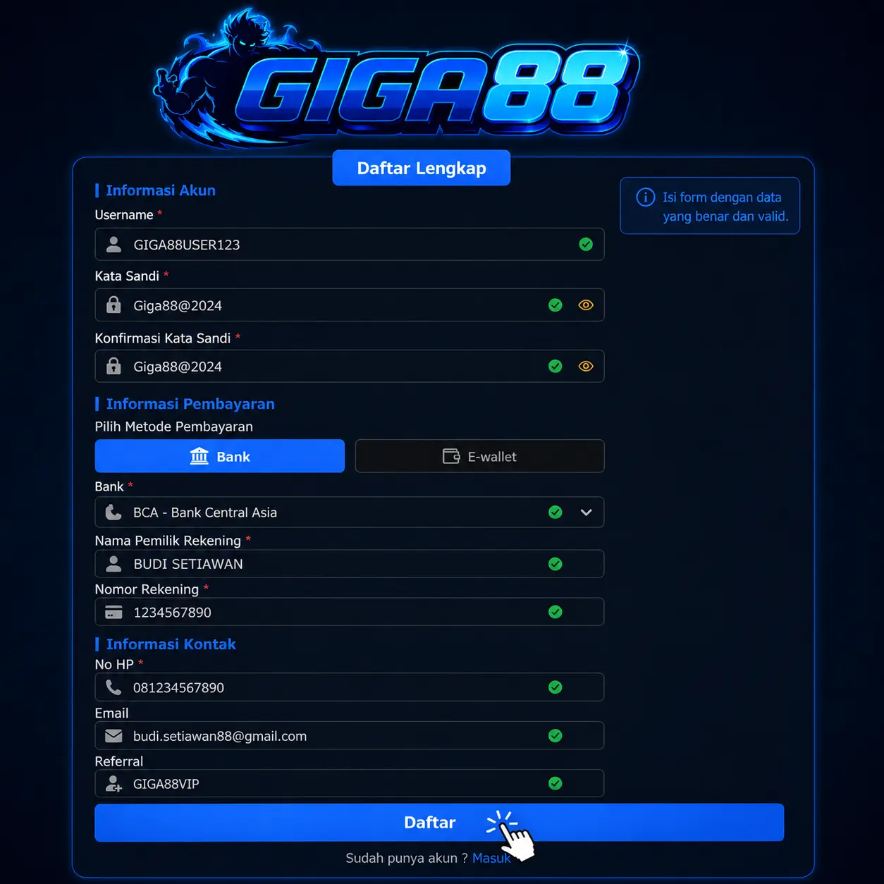 Langkah kedua isi formulir daftar GIGA88 secara lengkap