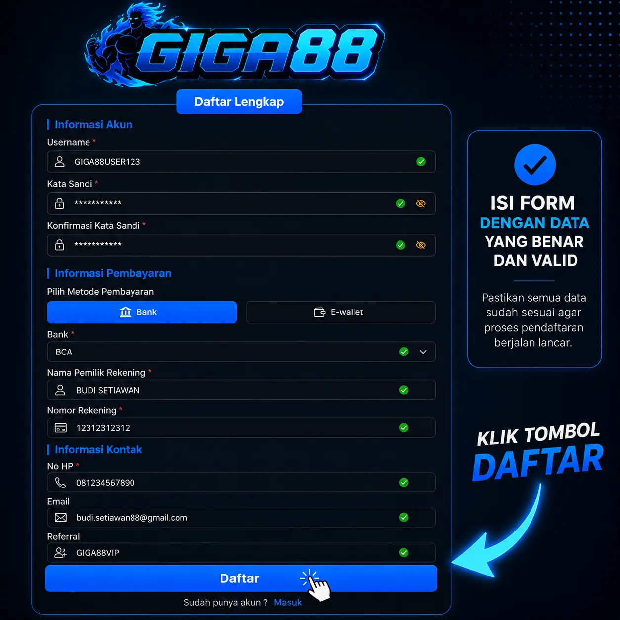Langkah ketiga tekan tombol daftar untuk mengirim registrasi GIGA88